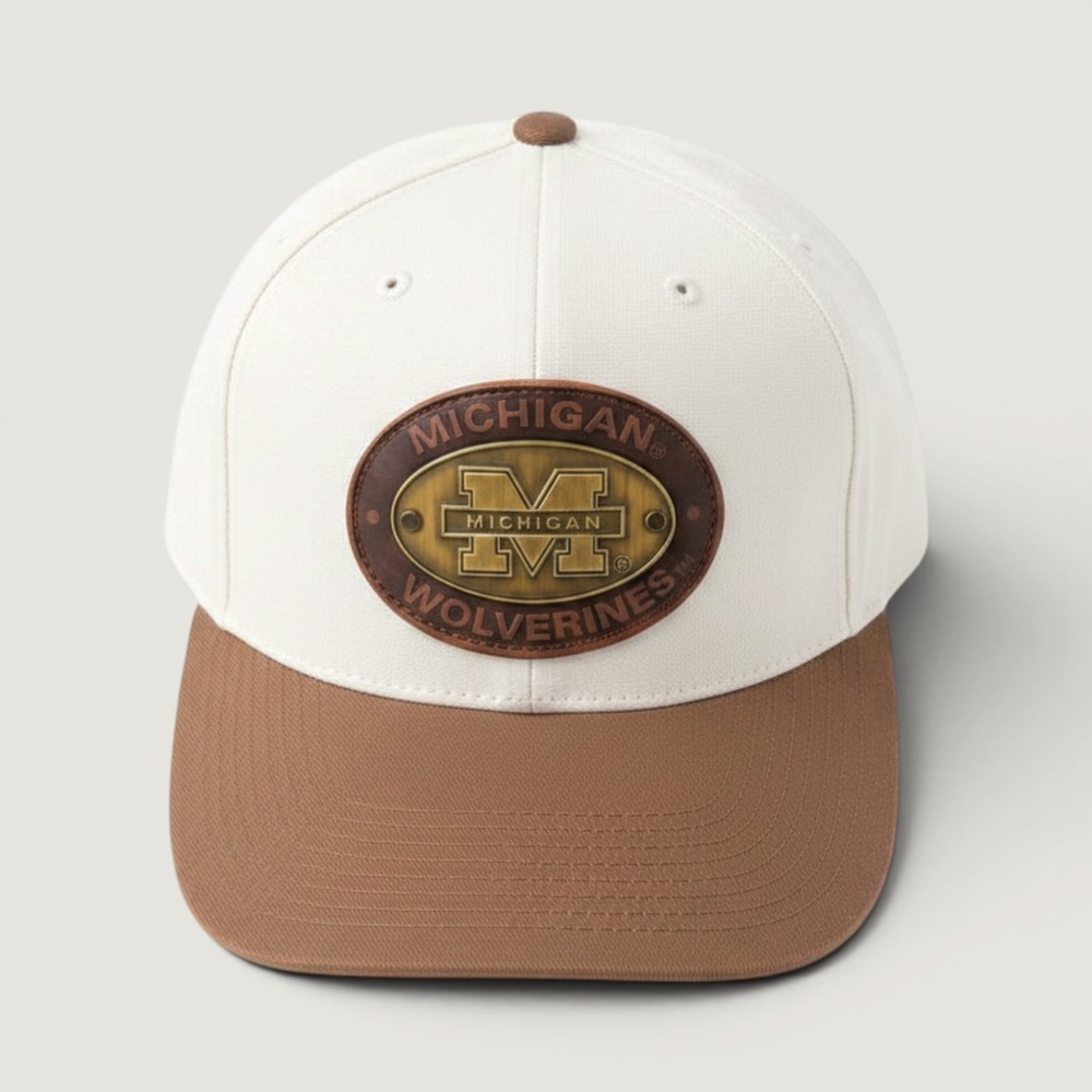 Vintage Michigan Wolverines Hat Signatures Leather Patch 2 Tone Strapback‎ Cream